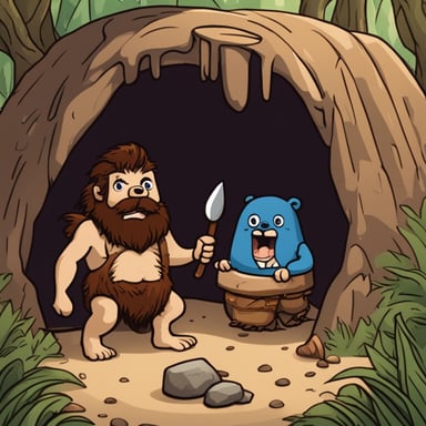 Realistic Caveman Go Blue Gopher defending his cave from Java Duke.