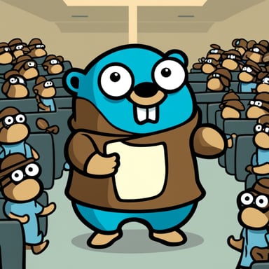 Greek philosopher Go Blue Gopher teaching the masses about the dangers of using the JVM.