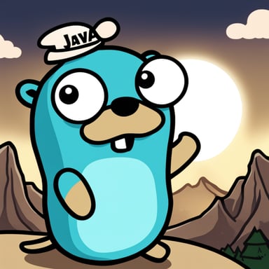 Go Blue Gopher preaching from atop a mountain saying Java is evil.
