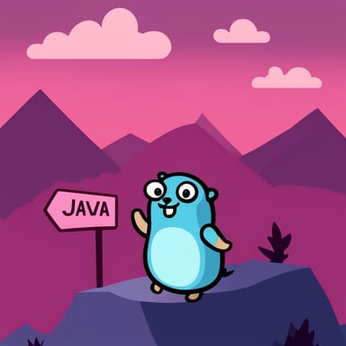 Go Blue Gopher preaching from atop a mountain saying Java is evil.