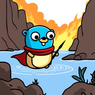 Go Blue Gopher saving code from a lake of fire named Java.