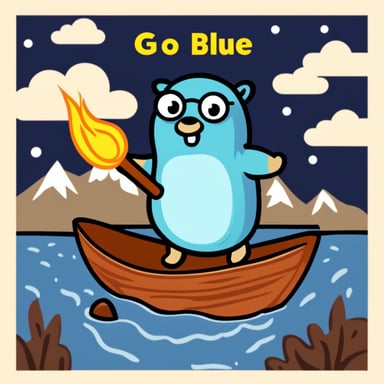 Go Blue Gopher saving code from a lake of fire named Java.