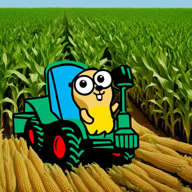 Go Blue Gopher as Jesus on a green tractor in a corn field.