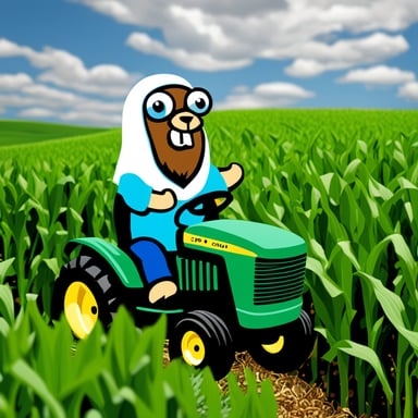 Go Blue Gopher as Jesus on a green tractor in a corn field.