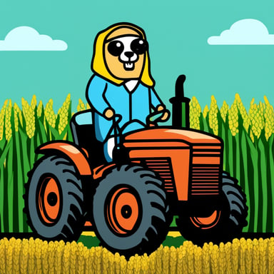 Go Blue Gopher as Jesus on a green tractor in a corn field.