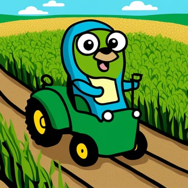 Go Blue Gopher as Jesus on a green tractor in a corn field.