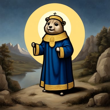 Go Blue Gopher as a saint with a halo, depicted in the style of a classical painting.