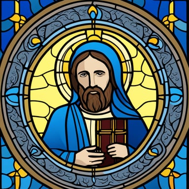 Go Blue Gopher as Jesus with a halo, portrayed in the style of a classical stained glass painting.