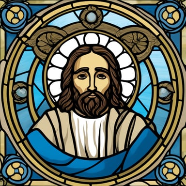 Go Blue Gopher as Jesus with a halo, portrayed in the style of a classical stained glass painting.