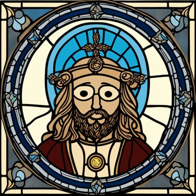 Go Blue Gopher as Jesus with a halo, portrayed in the style of a classical stained glass painting.