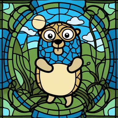 Go blue gopher in the style of classical stained glass.