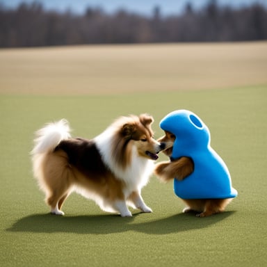 Go Blue Gopher playing with a Sheltie.