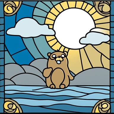 Go blue gopher on a cloud with the sun rising in the background, depicted in the style of classical stained glass.
