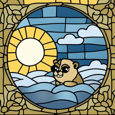 Go blue gopher on a cloud with the sun rising in the background, depicted in the style of classical stained glass.
