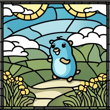 Go blue gopher on a cloud with the sun rising in the background, depicted in the style of classical stained glass.