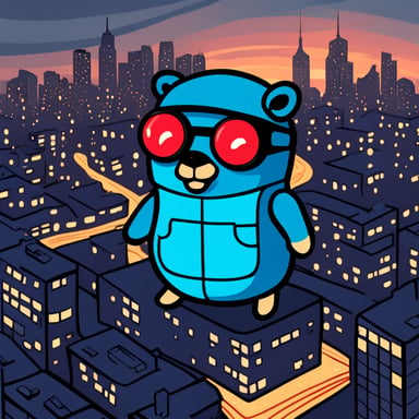 Go Blue Gopher in a cyberpunk cityscape.