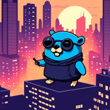 Go Blue Gopher in a cyberpunk cityscape.