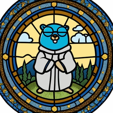Realistic Go Blue Gopher depicted as a stained glass saint.