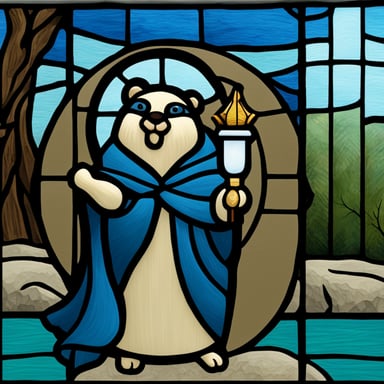 Realistic Go Blue Gopher depicted as a stained glass saint.