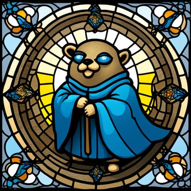 Realistic Go Blue Gopher depicted as a stained glass saint.