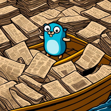 Go blue gopher on a boat in a sea of newspapers.