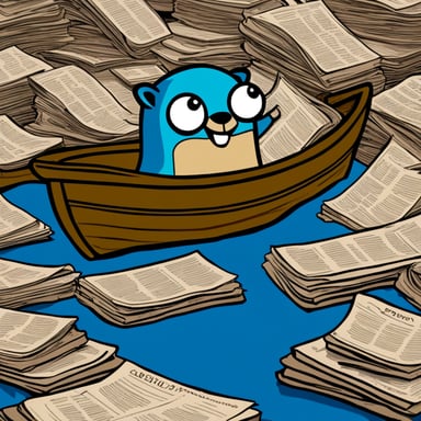 Go blue gopher on a boat in a sea of newspapers.