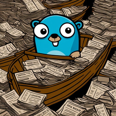 Go blue gopher on a boat in a sea of newspapers.