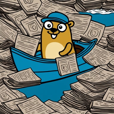 Go blue gopher on a boat in a sea of newspapers.
