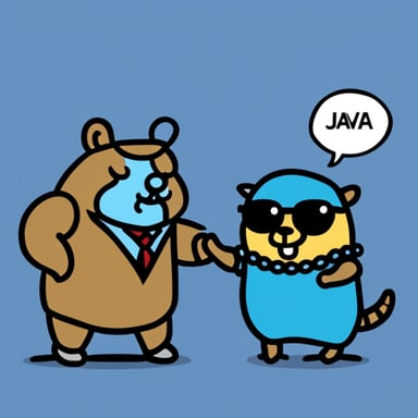 Go blue gopher freeing a man from handcuffs labeled Java.