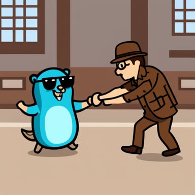 Go blue gopher freeing a man from handcuffs labeled Java.