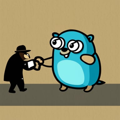 Go blue gopher freeing a man from handcuffs labeled Java.