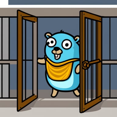 Go blue gopher freeing a person from a Java jail cell.