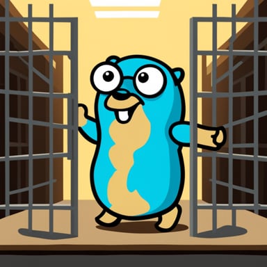 Go blue gopher freeing a person from a Java jail cell.