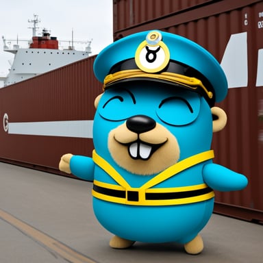Go Blue Gopher as the captain on a container ship.