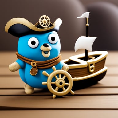 A go blue gopher dressed as a pirate, with a tiny ship's wheel and a look of adventure.