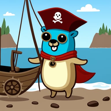 A go blue gopher dressed as a pirate, with a tiny ship's wheel and a look of adventure.