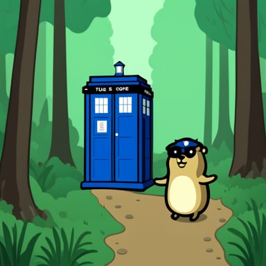 Go Blue Gopher with a Tardis in a forest.