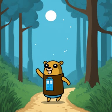 Go Blue Gopher with a Tardis in a forest.