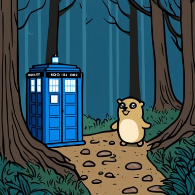 The Go Blue Gopher with a Tardis in a forest.