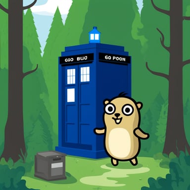 The Go Blue Gopher with a Tardis in a forest.
