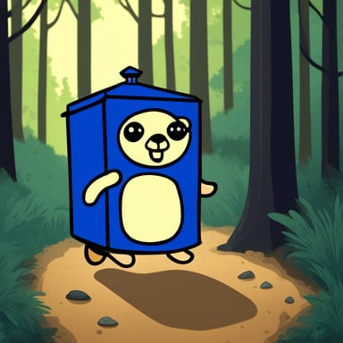 The Go Blue Gopher with a Tardis in a forest.