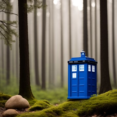 The Go Blue Gopher with a Tardis in a forest.