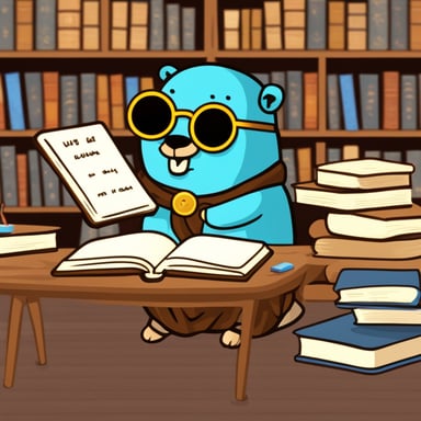 Go Blue Gopher in a library studying ancient scripts.