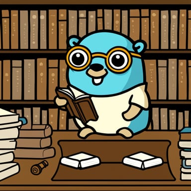 Go Blue Gopher in a library studying ancient scripts.