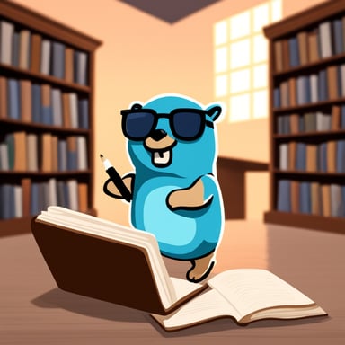 Go Blue Gopher in a library studying ancient scripts.