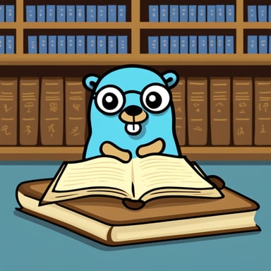 Go Blue Gopher in a library studying ancient scripts.