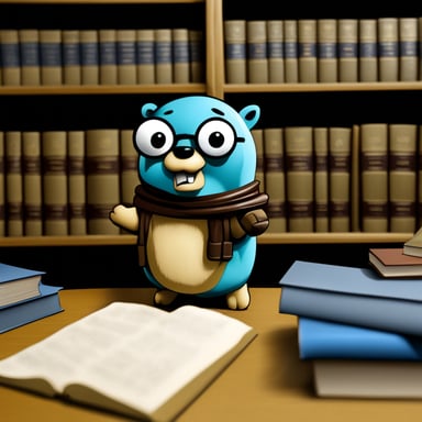 Go Blue Gopher in a library studying ancient scripts in glass.