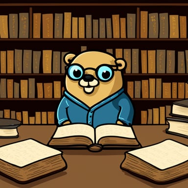 Go Blue Gopher in a library studying ancient scripts in glass.