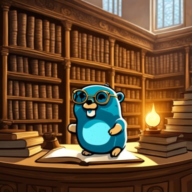 Go Blue Gopher in a library studying ancient scripts in glass.