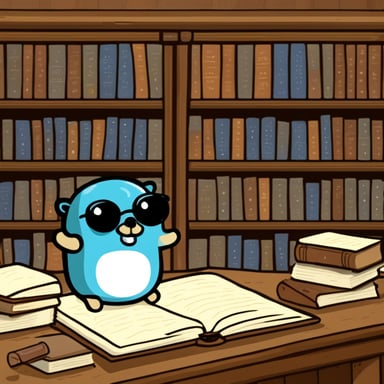 Go Blue Gopher in a library studying ancient scripts in glass.